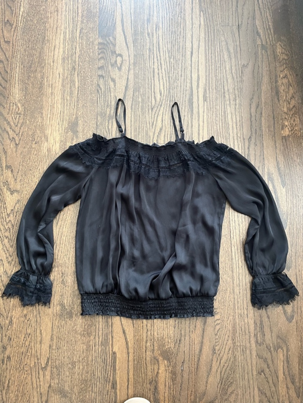 BCX Black Off-Shoulder Long Sleeve Blouse with Lace Trim